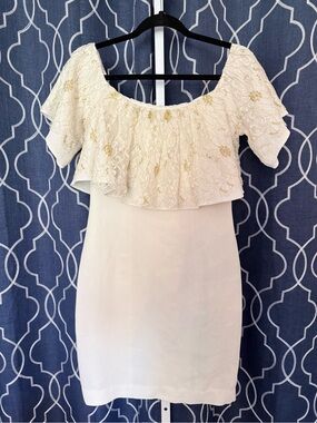 Slate & Willow Golden Iris Off-Shoulder Ivory Lace Overlay Sheath Dress Sz 4 D25
